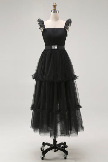 Black A Line Spaghetti Straps Tulle Formal Dress With Belt